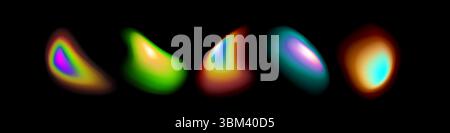 Vibrant gradient aura collection with glowing rainbow colors on black background. Realistic abstract luminous shapes in neon multicolored halos for modern digital art and futuristic designs. Stock Vector