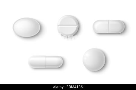 White 3d pills collection - oval tablets, scored round forms, capsule shapes with shadows for medical presentation design. Pharmaceutical medicine mockups of different drug types and dosage formats. Stock Vector