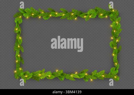 Christmas pine tree garland frame with glowing golden lights on transparent background. Realistic green branches forming rectangular border decoration for holiday cards and festive seasonal designs. Stock Vector