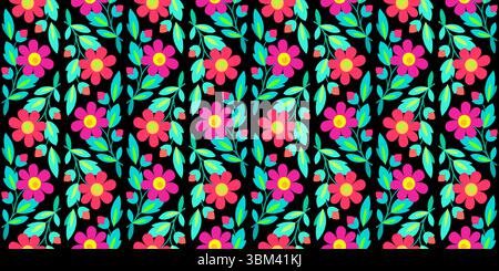 Rich seamless pattern of flowers in country style. Bright positive plant ornament. Summer floral linear decor. Design element of red blue flowers on b Stock Vector
