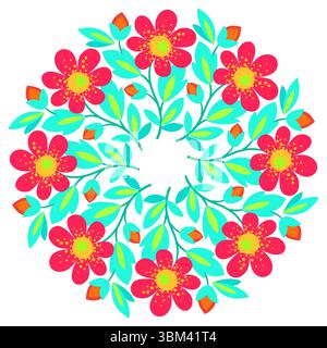 Cute bouquet of flowers in folklore style. Bright positive round plant ornament. Summer floral mandala. Design element of red blue flowers on white ba Stock Vector
