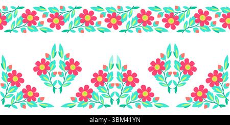 Set of floral design elements. Cute seamless border of flowers in country style. Rich positive plant ornament. Frame without text. Ornamental decor of Stock Vector