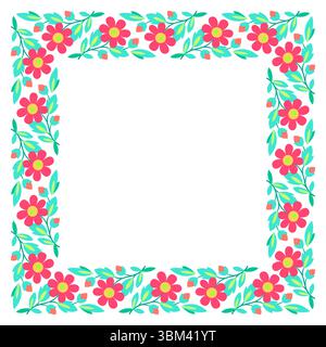 Cute square frame of flowers in folklore style. Bright positive plant ornament. Frame without text. Design element of red blue summer flowers on white Stock Vector