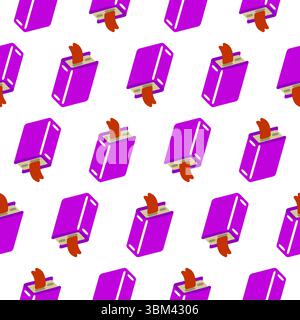 Bright seamless pattern with purple cartoon toasters and popping toast slices, arranged diagonally on white. Flat pop-style with bold color contrast. Stock Vector
