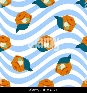 Seamless pattern with cartoon camping kettles on blue and white wavy background. Flat summer style with orange and green teapots arranged diagonally. Stock Vector