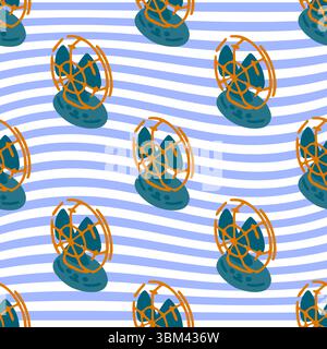 Seamless pattern with retro-style electric fans on blue and white wavy background. Flat cartoon design with orange grill and dark blue base, arranged Stock Vector