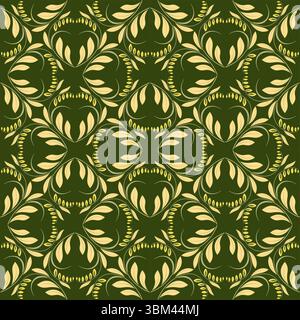 Elegant vintage green and golden seamless pattern. Curved flowers and leaves on dark background. Square floral kaleidoscope ornament. Dark vector vict Stock Vector