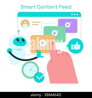 Vector illustration showing a digital interface where a robotic assistant helps manage a smart content feed. The hand gestures interact with content, signifying ease of use. Stock Vector