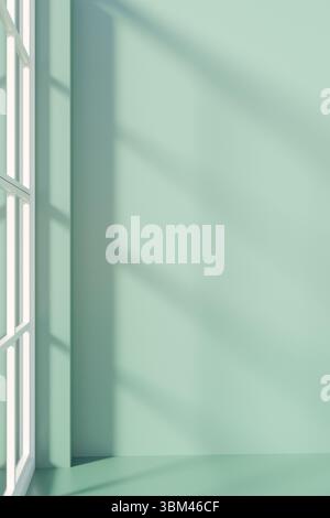 Sunlight creates soft shadows on a mint green wall and floor through a window. 3d rendering Stock Photo