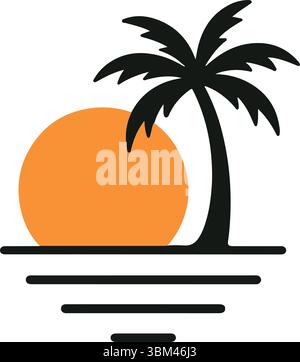 Sunset with Palm Tree and Ocean Waves Vector Illustration Stock Vector