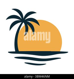 Palm Tree Silhouette with Sunset and Ocean Waves Vector Icon Stock Vector