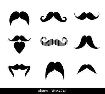A clean and versatile vector set of 9 unique moustache styles, including retro, hipster, handlebar, and classic designs Stock Vector