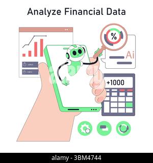 Robot adviser analyzing financial data through a smartphone, showcasing charts, calculations, and artificial intelligence features. This illustration emphasizes technological advancements in finance. Vector illustration. Stock Vector