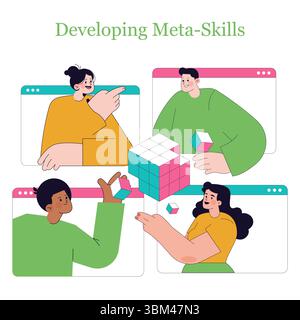 In an online learning environment, individuals collaborate to develop meta-skills through interactive problem solving. Engaging with others and sharing ideas fosters essential competencies for future success. Stock Vector
