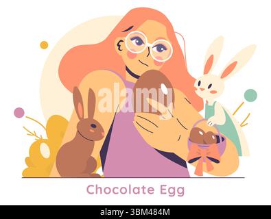 Easter concept. Cheerful girl celebrates Easter holding chocolate eggs surrounded by rabbits and festive decorations creating a sweet and cozy holiday atmosphere. Vector illustration. Stock Vector