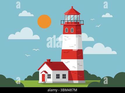 Flat Vector Lighthouse with Cottage and Clouds Stock Vector