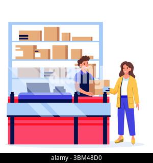 Woman receives or sends parcel in post office. Vector flat cartoon illustration. Delivery service worker give box to female. Hand delivery, courier se Stock Vector