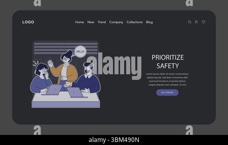 Hybrid work concept. Engaging team collaboration in a modern workspace. Team members utilizing technology for communication and productivity while maintaining a focus on safety. Vector illustration. Stock Vector