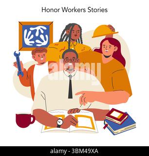 Labor Day concept. Diverse workers from different industries celebrate Labor Day with pride and unity. Vector illustration. Stock Vector