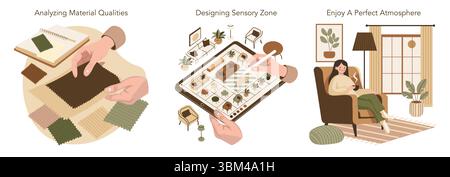 Vector illustration depicting three stages of interior design: analyzing fabric materials, designing a space on a digital device, and enjoying relaxation in a cozy room. Stock Vector