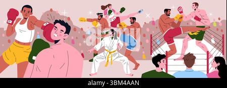 Vector illustration of martial artists and boxers in a dynamic competition, showcasing diverse fighting styles and intense physical engagement in a packed arena. Stock Vector