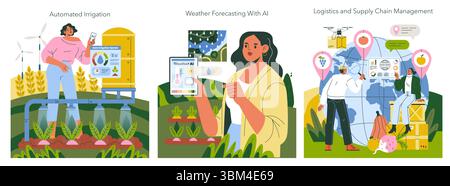 Vector illustration highlighting AI in agriculture, featuring automated irrigation, weather forecasting, and supply chain management, showcasing modern technology enhancing efficiency. Stock Vector