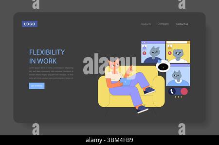 Remote work productivity concept. A woman on a cozy couch engaging in a video conference with team members, showcasing the flexibility and effectiveness of remote work environments. Stock Vector