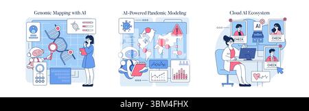 Vector illustration showcasing AI applications in genomic mapping, pandemic modeling, and cloud ecosystems. Features robots analyzing data and professionals interacting with AI systems for technological advancements. Stock Vector
