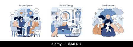 Vector illustration showing a group therapy session where individuals express emotions and offer support. Features technology-assisted therapy with interactive elements and happy transformation. Stock Vector