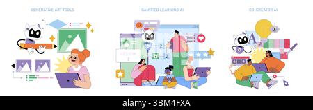 Vector illustration showcasing AI applications in art, learning, and collaboration. Features AI robots assisting in generative art, gamified education, and creative cooperation with diverse groups. Stock Vector