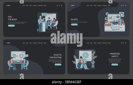 Vector illustration featuring educational and online learning concepts. Includes a classroom setting, online webinar, priority on safety, and a focus on routine and body wellness. Stock Vector