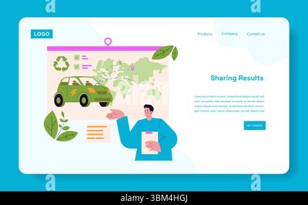 Megapolis Innovation Center illustration. A representation of sustainable mobility featuring a green electric car, a world map, and interactive data elements. Promotion of environmentally friendly initiatives. Vector illustration. Stock Vector