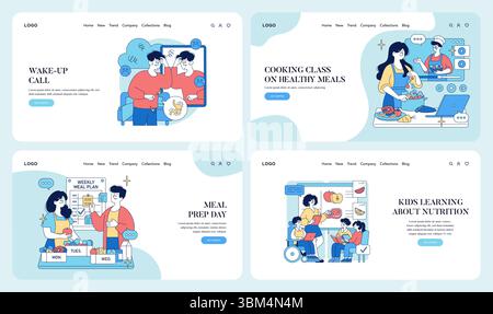 Set of vector illustrations featuring a wake-up scene with an alarm, cooking class focused on healthy meals, a meal prep day, and children learning about nutrition and healthy eating habits. Stock Vector