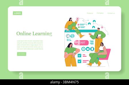 Online Learning concept. Engaging digital environment featuring diverse individuals interacting with technology for education. Promotes online courses, digital platforms, and personalized learning experiences. Vector illustration. Stock Vector