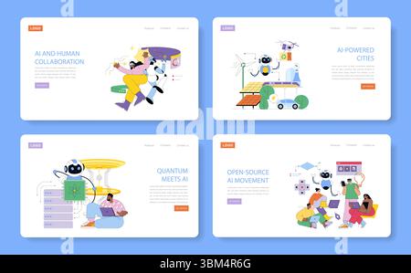 Vector illustration showcasing AI integration in various fields including human collaboration, smart cities, quantum computing, and open-source development with diverse interactions. Stock Vector
