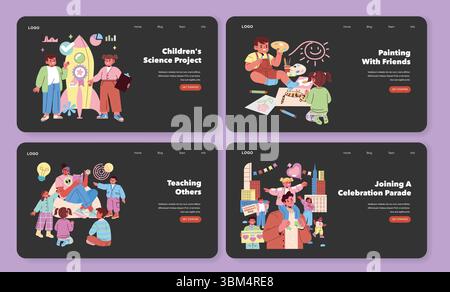 Vector illustration featuring children engaged in a science project, painting with friends, learning in a teaching environment, and enjoying a celebration parade. Emphasis on creativity and happiness. Stock Vector