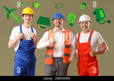 Team of male engineers on khaki background. Concept of green technology Stock Photo