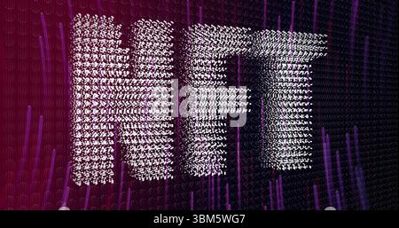 Displaying 3D NFT text forming from white symbol clusters on purple backdrop, with vertical streaks. Digital art, futuristic, abstract, cyber, technol Stock Photo