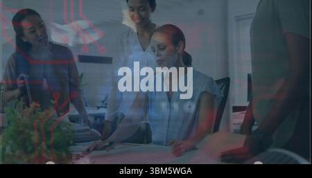 Reviewing blueprint, four women in business attire pointing to plan on office table, with tablet. Collaboration, teamwork, architecture, professional, Stock Photo