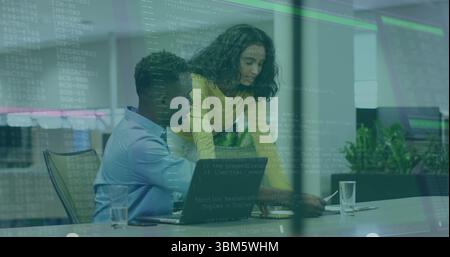 Collaborating developer and engineer pointing at code on laptop at open-plan office with smartphone. Creative, teamwork, modern, technology, brainstor Stock Photo