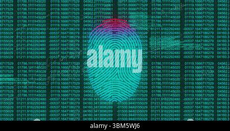 Displaying stylized fingerprint graphic overlaying digital screen with glowing numeric data columns. Futuristic, technology, security, cybersecurity, Stock Photo