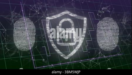 Displaying shield securing data in grid, with padlock symbol, fingerprints and network nodes. Cybersecurity, data protection, digital security, networ Stock Photo