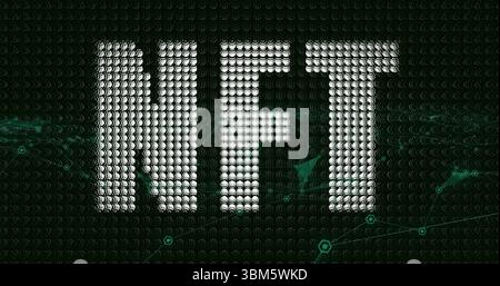 Displaying large NFT letters forming dot grid on dark network, with green streams and hexagon nodes. Futuristic, cyber, innovation, technology, digita Stock Photo