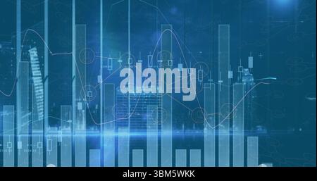 Displaying financial visualization over urban skyline with bar charts candlesticks and grid lines. Analytics, fintech, data visualization, technology, Stock Photo