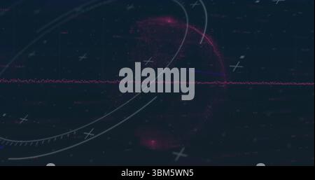 Displaying pink waveform line spanning digital HUD display, with white arcs and plus-shaped markers. Futuristic, technology, data, interface, digital, Stock Photo