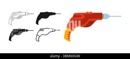 Construction electric screwdriver icon symbol set. Modern repair tool for builder mechanic, plumber, carpentry service. Tool construction sign professional stylized simple cartoon vector illustration Stock Vector