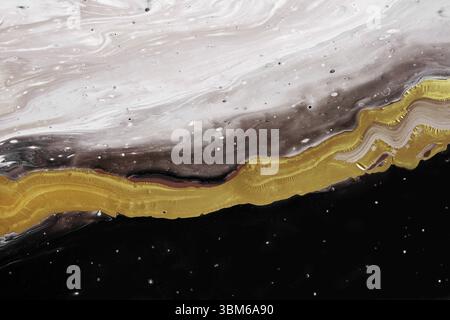 Acrylic Fluid Art. Waves in white and black colors with liquid golden curve. Abstract marble background or texture Stock Photo