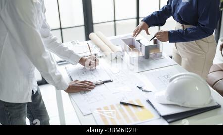 Architecture drawing on architectural Creative project business architecture building construction Industrial engineering Achievement Planning Design Stock Photo