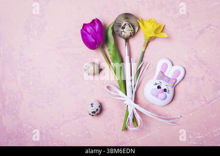Spring Easter Table setting with flowers and Eggs Stock Photo