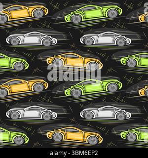 Vector Sport Car seamless pattern, decorative automotive background with hand drawn concept sport coupe in moving for wrapping paper, square placard w Stock Vector